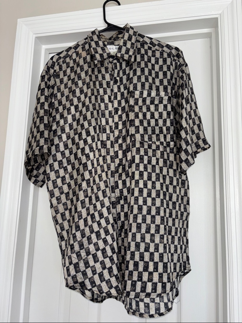 Bogari Black and Cream Check Short Sleeve Shirt 100% Silk Size Medium